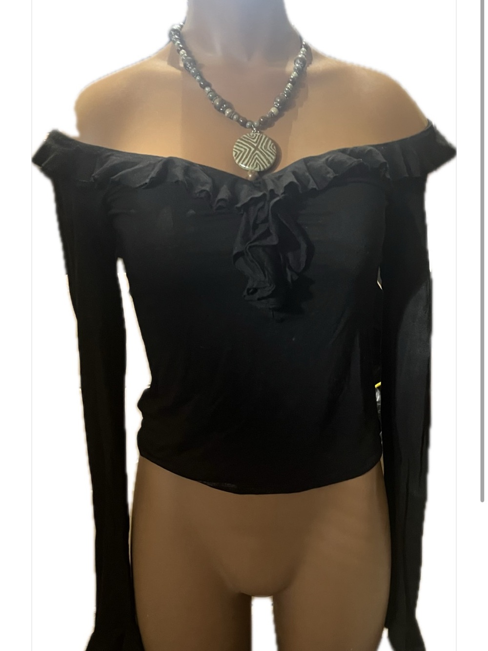 XS Black Kenneth Cole Off-The-Shoulder Ruffle Trim Long Sleeve Top Shirt